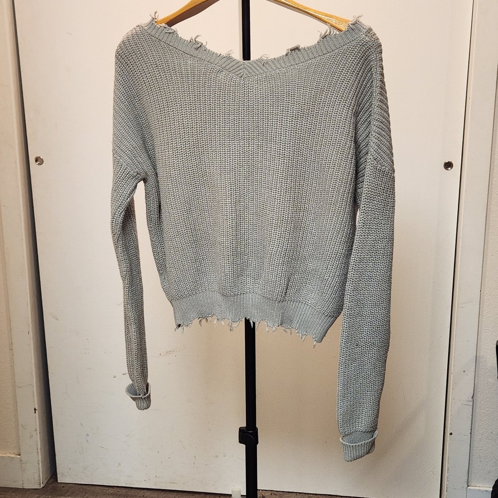 Moon & Madison Grey Distressed Cotton Knit Cardigan Sweater Womens Large - Picture 8 of 9